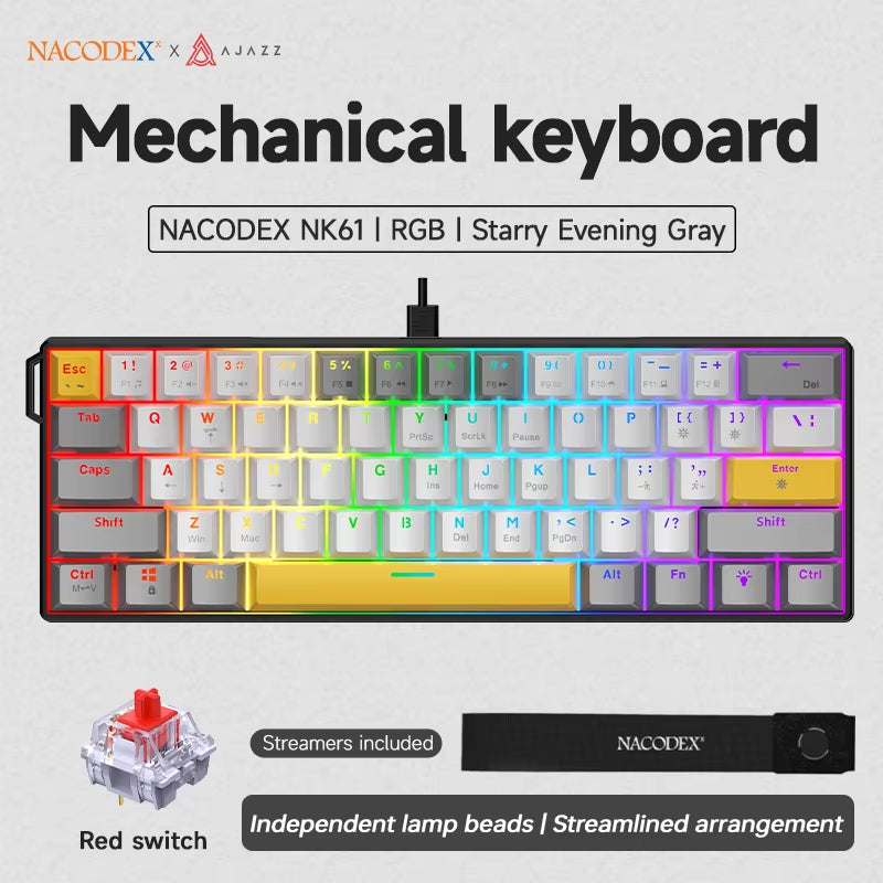 NK61 Wired Gaming Mechanical Keyboard 60% RGB Hot-Swappable 61 Keys Red Switch Mini Keyboard for Gamer PC