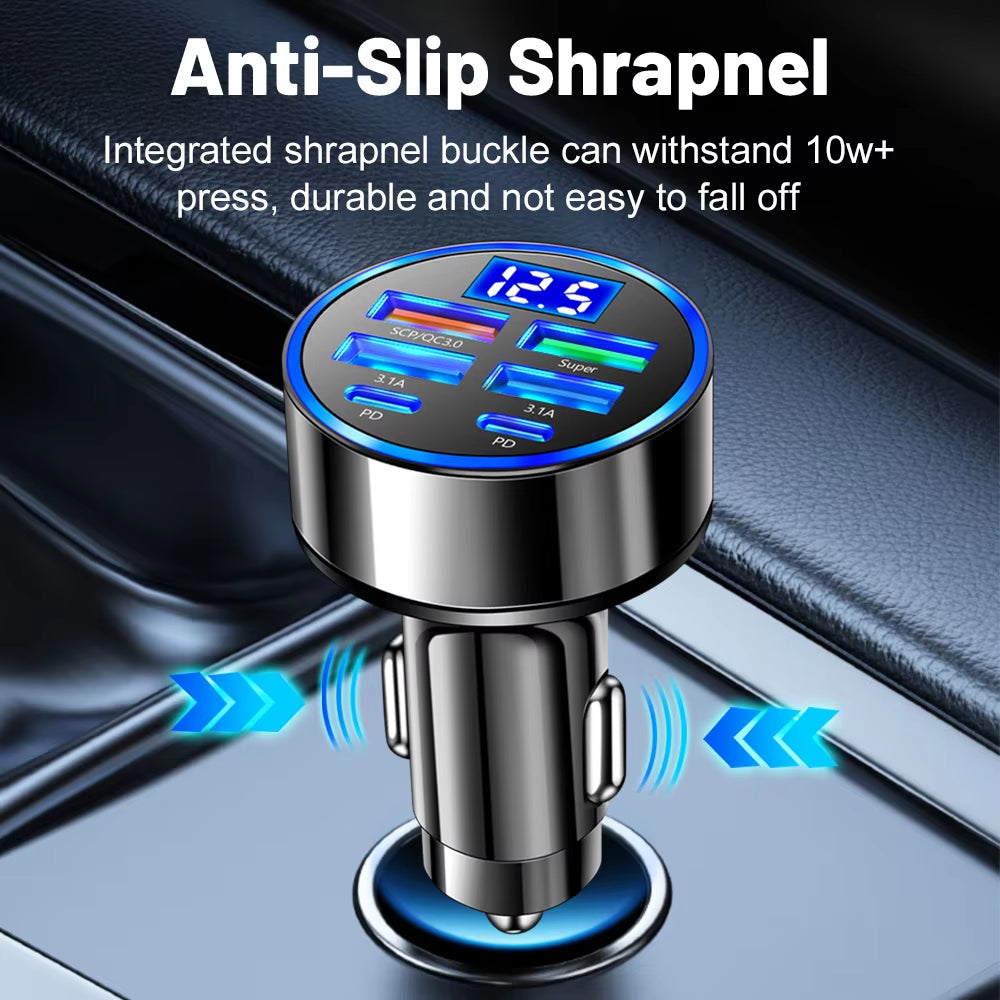 100W 6 Ports Car Charger Fast Charging PD QC3.0 USB C Car Phone Charger Type C Adapter in Car for Iphone Samsung Huawei Xiaomi