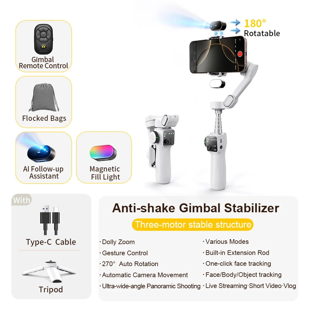 Handheld Gimbal Stabilizer 3-Axis Smart V8 for Phone with Extension Rod Tripod Face Tracking for Iphone Android Tiktok