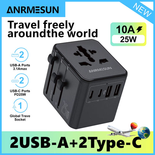 Universal Travel Adapter with 4 AC Outlets Max 2400W 2 USB Port 2 Type-C PD 65W Ports All-In-One Fast Charging EU UK US AUS Plug