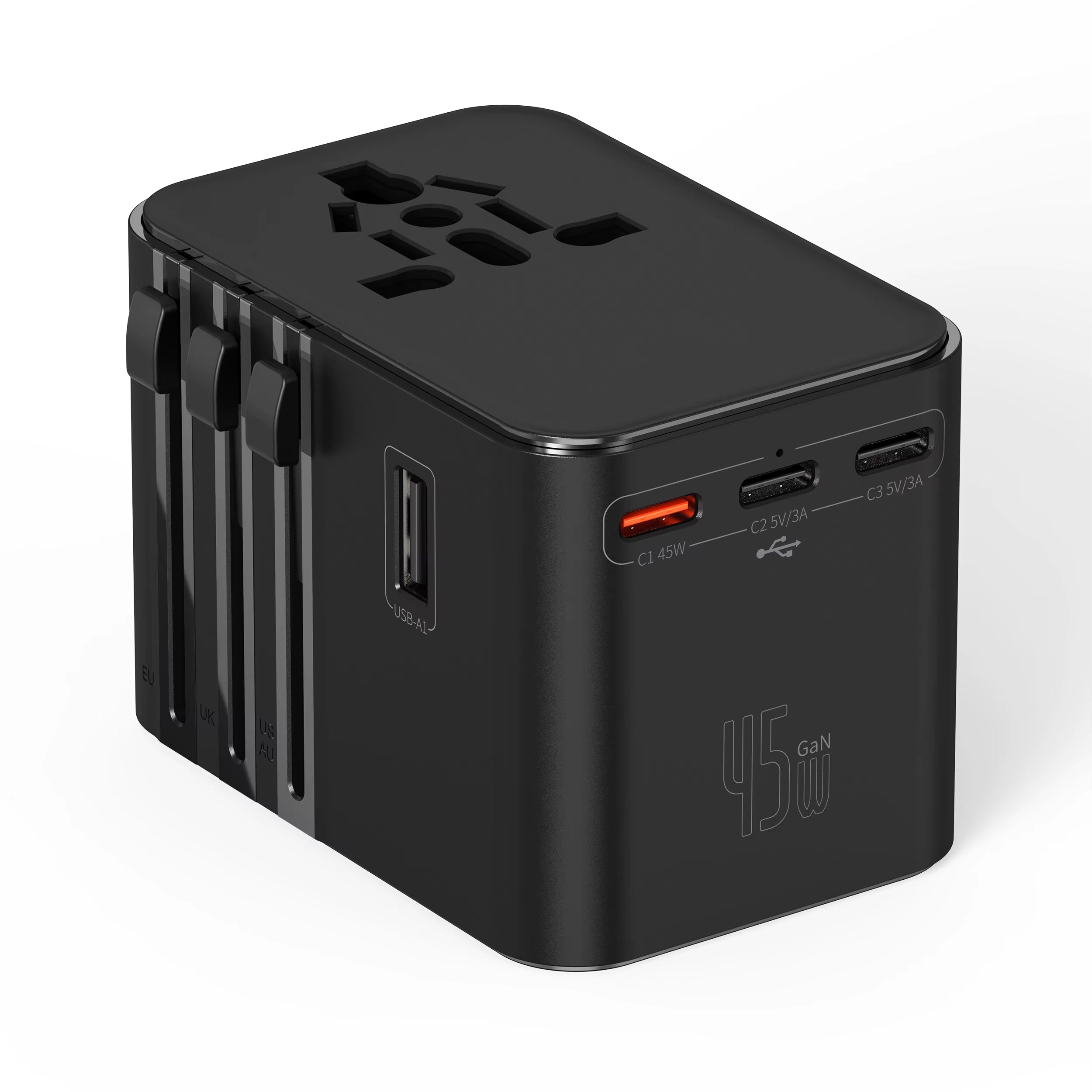 Universal Travel Adapter with 4 AC Outlets Max 2400W 2 USB Port 2 Type-C PD 65W Ports All-In-One Fast Charging EU UK US AUS Plug