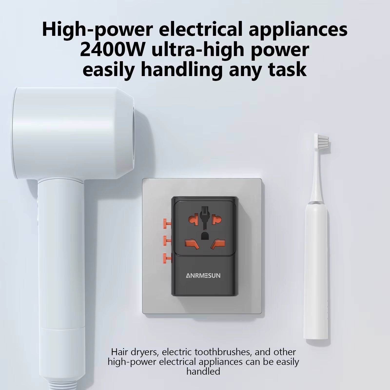 Universal Travel Adapter with 4 AC Outlets Max 2400W 2 USB Port 2 Type-C PD 65W Ports All-In-One Fast Charging EU UK US AUS Plug