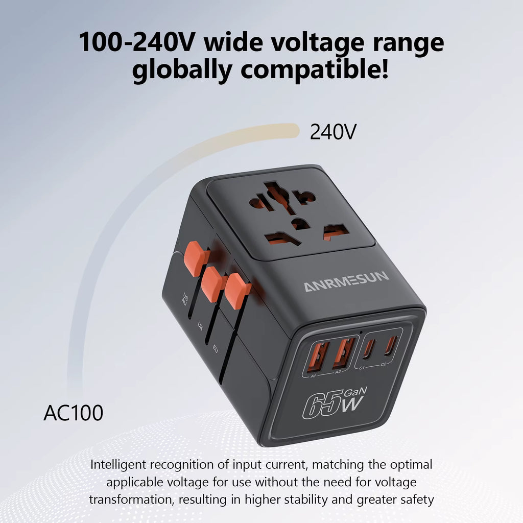 Universal Travel Adapter with 4 AC Outlets Max 2400W 2 USB Port 2 Type-C PD 65W Ports All-In-One Fast Charging EU UK US AUS Plug