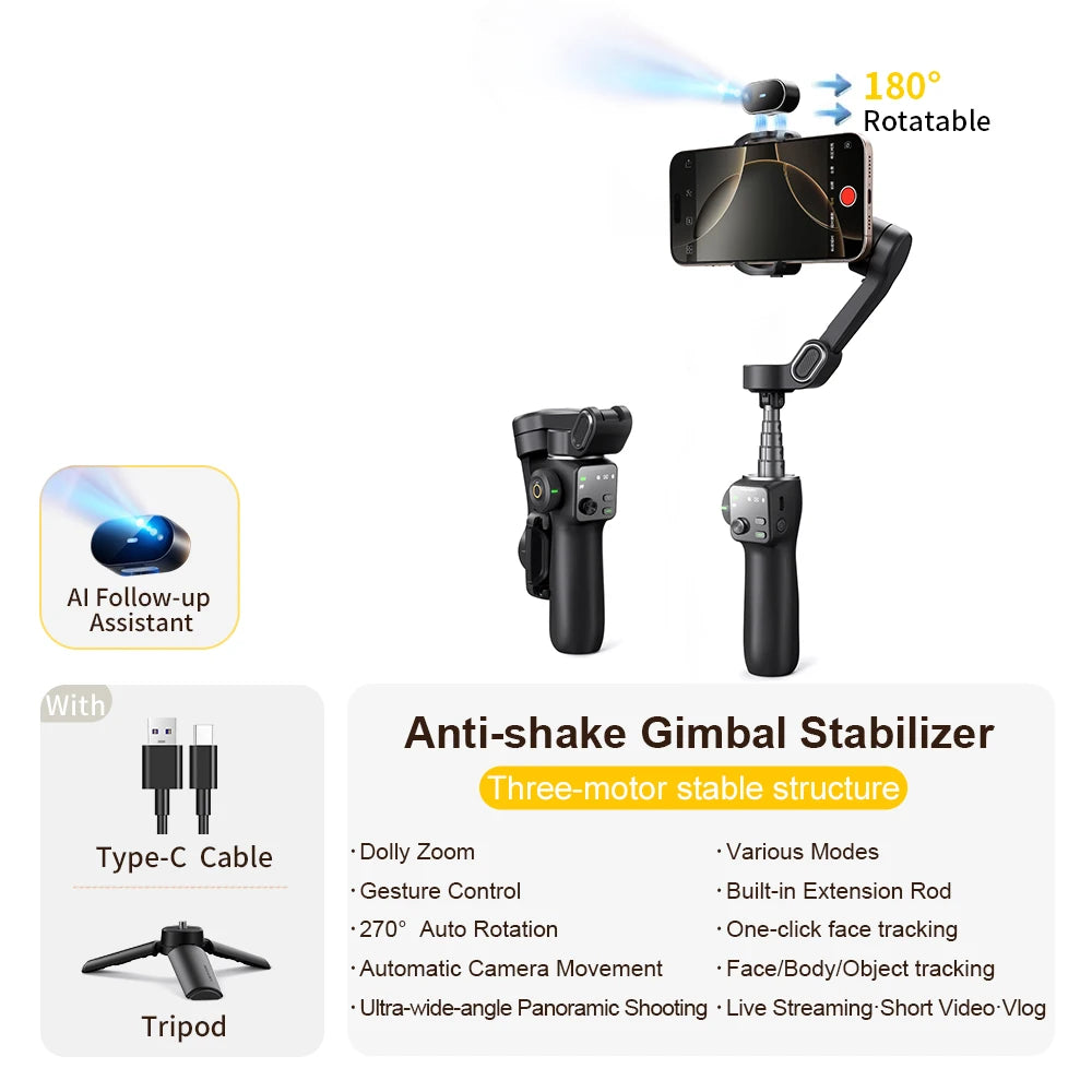 Handheld Gimbal Stabilizer 3-Axis Smart V8 for Phone with Extension Rod Tripod Face Tracking for Iphone Android Tiktok